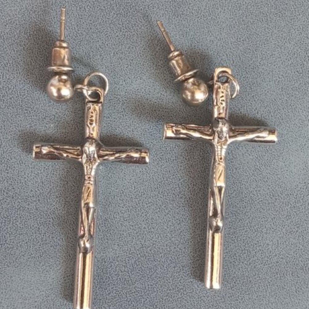 NEW Cross Earrings silver-tone surgical posts hypoallergenic